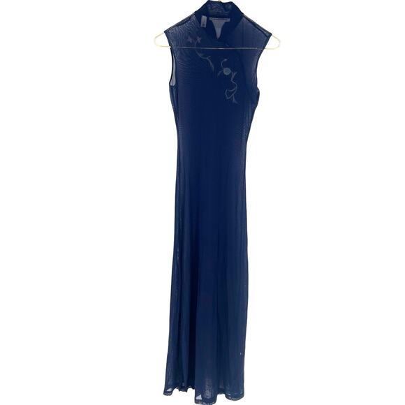 Victoria's Secret 90's Navy Blue Sheer Micro Mesh Cheongsam Kimono Maxi Gown XS - Picture 2 of 9